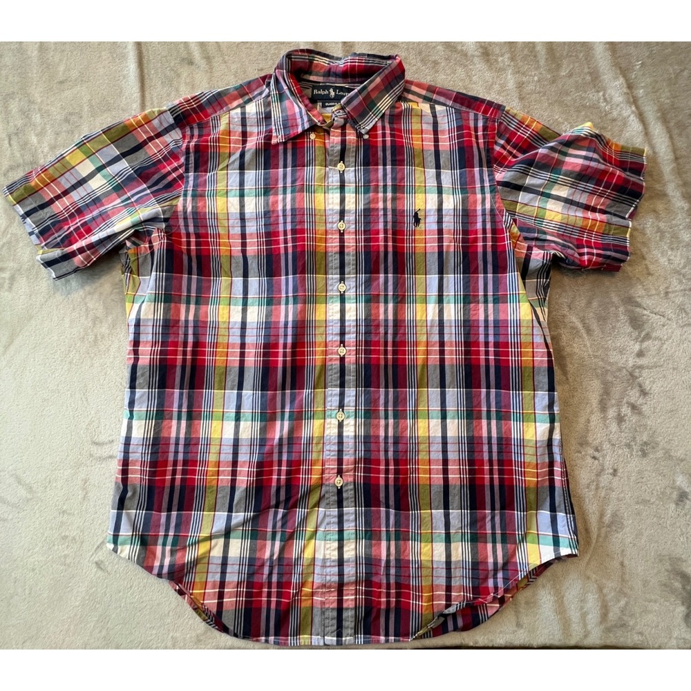 Ralph Lauren Button Down Shirt Mens Large Multicolor Plaid Classic Fit Short Slv